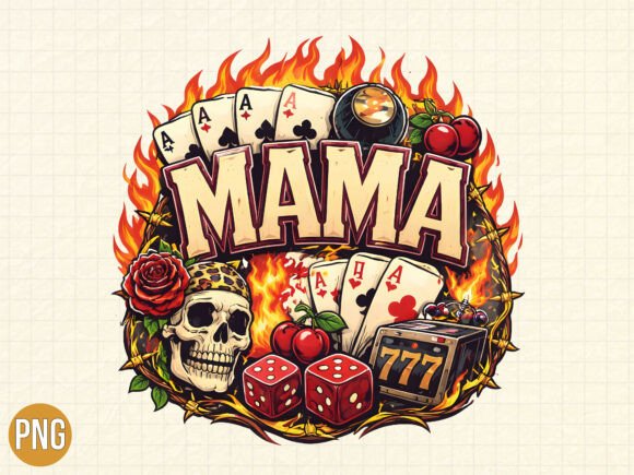 Rock N Roll Mama Skull Fire Cards PNG Design